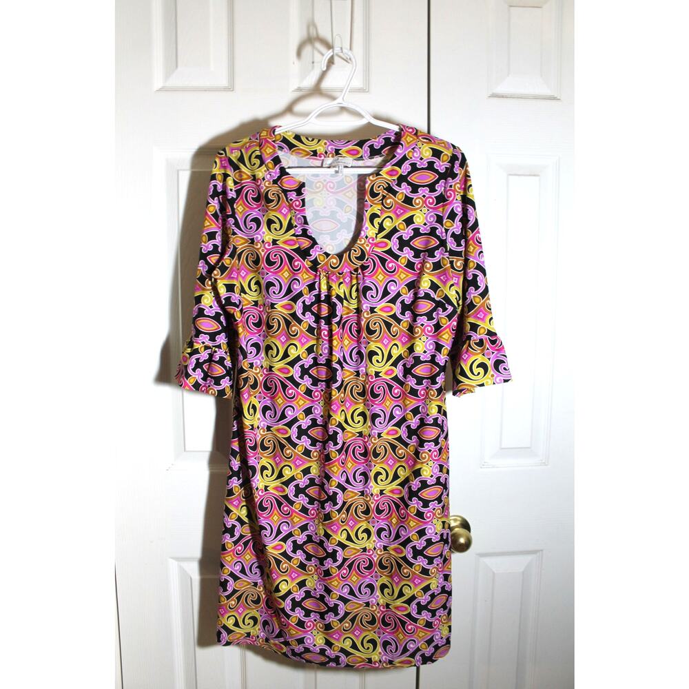 Jude Connally Hot Pink & Yellow Patterned Shift Dress. Fits Like LRG